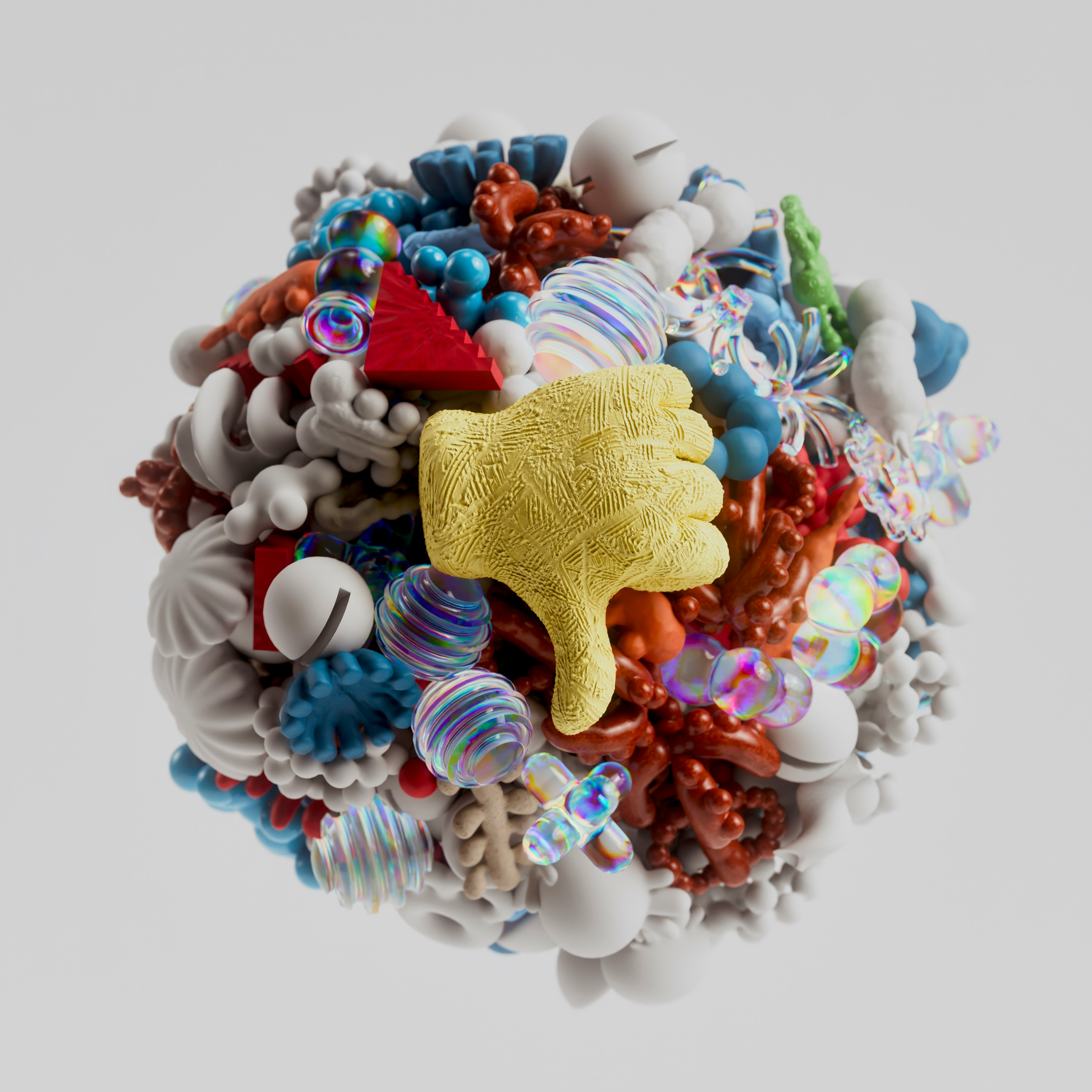 thumbs-down on a ball filled with lots of different types of objects